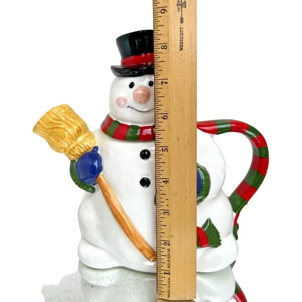 Teapot Snowman Christmas Ceramic Holiday Hand Painted Decorative Vintage Kitchen